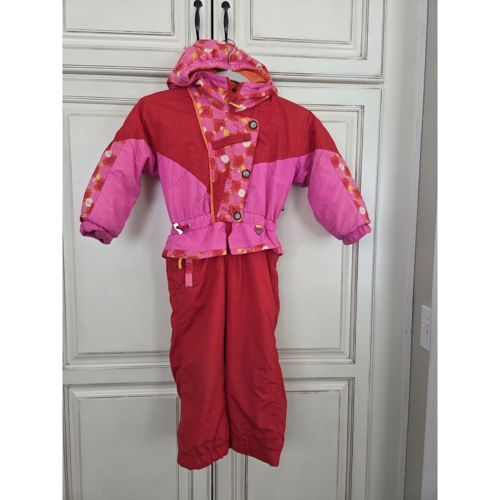 Vtg Obermeyer One Piece Ski Suit Snowsuit‎ Girls 4 80s 90s Y2k Red & Pink Peplum